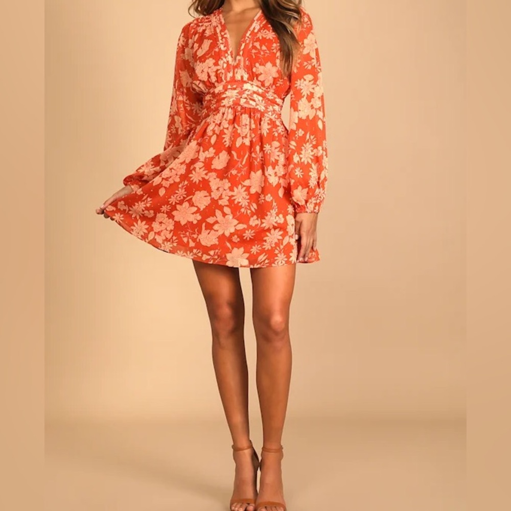 Lulus Gleaming Garden Rust Orange Floral Print Long Sleeve Mini Dress